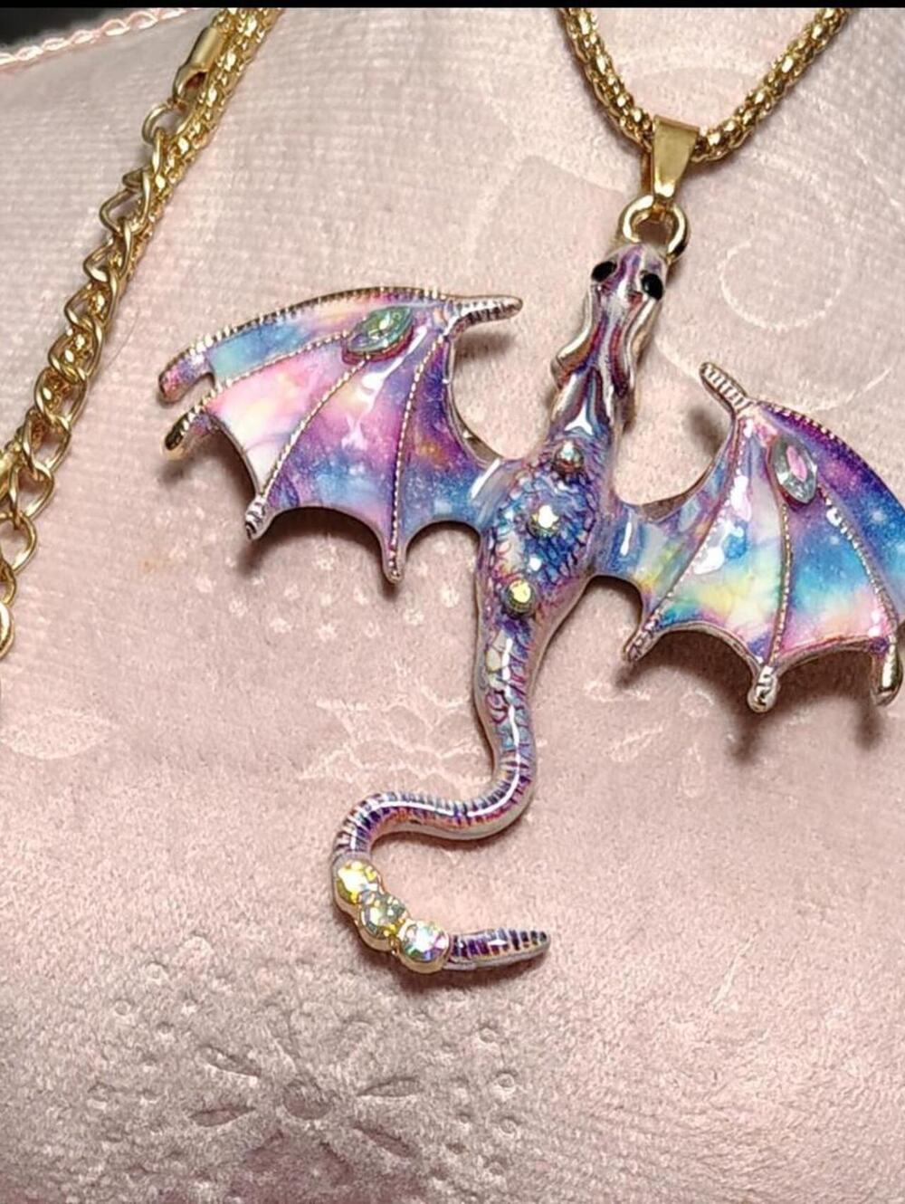 Betsey Johnson Multi Color Dragon Pendant Necklace Gold Tone - Picture 2 of 3
